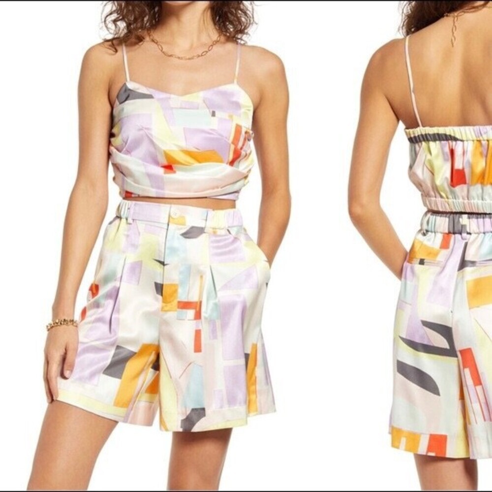 Open Edit Gathered Crop Camisole In Multi Colour Pink Paper Shapes Print Size XS